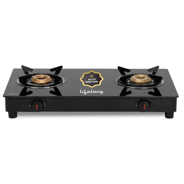 Lifelong 2 Burner Gas Stove Top for Kitchen - Automatic Ignition Cooktop Modern Glass Stove for Modular Kitchen