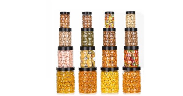 Plastic Pet Storage Jar and Container Set (16 Pieces) - BPA-Free Food Grade Canisters / Air Tight Jars for Kitchen / Plastic Grocery Container (250Ml, 350Ml, 650Ml, 1200Ml)