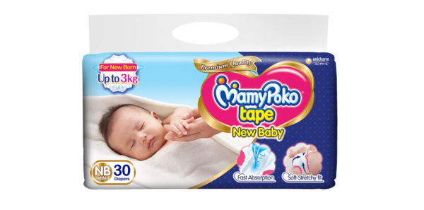 MamyPoko Baby Tape Diapers (Newborn Mini, Pack Of 30) - Instant Absorption, Self-Fit Gathers, Navel Cut, Air Silky Sheet, Wetness Indicator