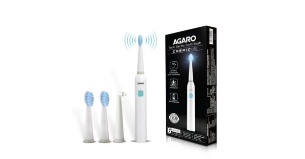 AGARO COSMIC Lite Sonic Electric Toothbrush For Adults (White) / 6 Modes / 3 Brush Heads / 1 Interdental Head / Rechargeable / 3.5 Hours Charge / 25 Days Battery Life / Power Toothbrush