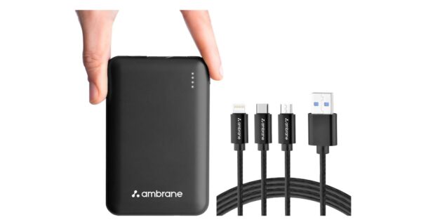 Ambrane 10000mAh Compact Powerbank (22.5W Fast Charging, Black) with 3-in-1 Mobile Charging Cable