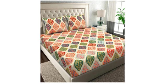 BSB HOME Pure Microfiber Jaipuri Rajasthani Prints Bedsheet (Double) / 120 TC / Breathable & Wrinkle-Free / 2 Pillow Covers / Beige & Green