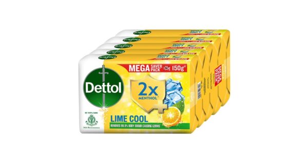 Dettol Lime Cool Bathing Soap Bar with 2x Menthol, 150gm (Pack of 5) - Refreshing Fragrance, Natural Cleansers, Doctor Recommended