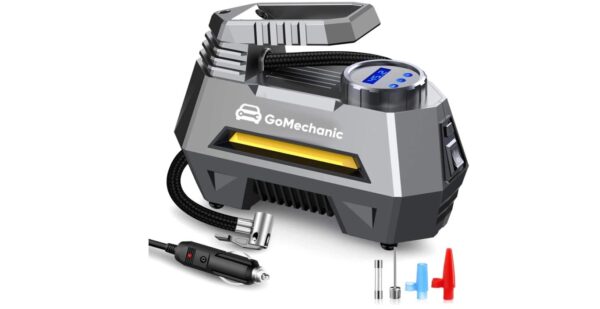 GoMechanic Digital Tyre Inflator for Car - 150 PSI, 12V DC Portable Air Pump/Compressor with Digital Pressure Gauge (LED Light, Multiple Nozzles, Carry Bag) "Gusto T2"