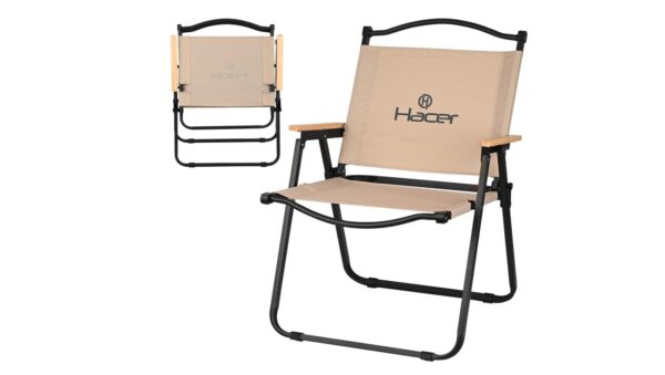 Hacer Carbon Steel Foldable Chair: Outdoor Portable Armchair with Wooden Handle (Beige) / Travel, Camping, Picnic, Garden / Comfortable, Durable, Space-Saving Design