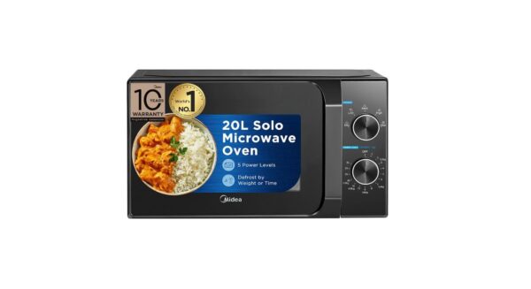 Midea 20L Solo Microwave Oven (Black) / 5 Power Levels / Defrost Function / 2-Year Warranty / 10-Year Magnetron Warranty / Energy Efficient / Easy-to-Use Knobs / 255mm Turntable