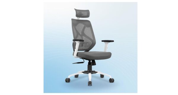 Transform Prime Ergonomic High Back Mesh Office Chair | Adjustable Lumbar, Headrest, 2D Armrests, Multi Tilt Lock Mechanism, Metal Base (White Grey)