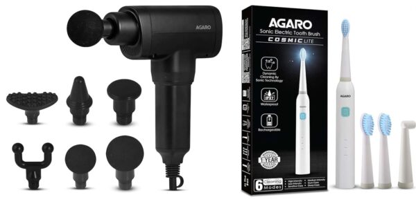 AGARO Impact Electric Gun Massager (6 Massage Heads) & COSMIC Lite Sonic Electric Toothbrush (6 Modes, 4 Heads) - Handheld Muscle Relief & Dental Care Set (White)
