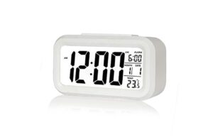 Digital Alarm Clock, Battery Operated Small Desk Clock with Date, Temperature, Smart Night Light (White)