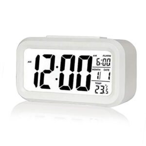 Digital Alarm Clock, Battery Operated Small Desk Clock with Date, Temperature, Smart Night Light (White)