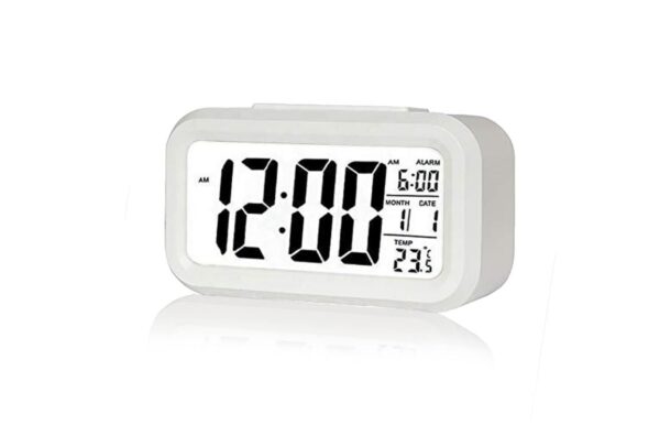 Digital Alarm Clock, Battery Operated Small Desk Clock with Date, Temperature, Smart Night Light (White)