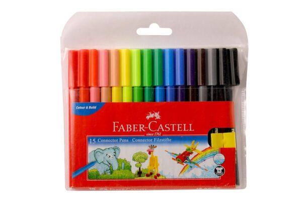 Faber-Castell Connector Pen Set - Pack of 15 (Assorted) / Colorful Drawing and Building Pens / Child-Safe Food-Grade Ink / 40% More Ink for Longer Use