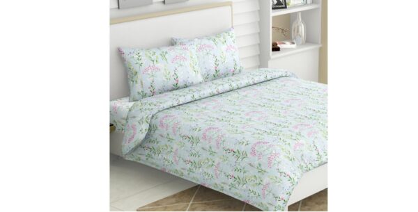 Haus & Kinder 100% Cotton Double Bedsheet Set (186 TC) // Queen Size (90" x 100") // 2 Pillow Covers // Elegant Blooms Pattern // Soft & Breathable // All-Season Comfort