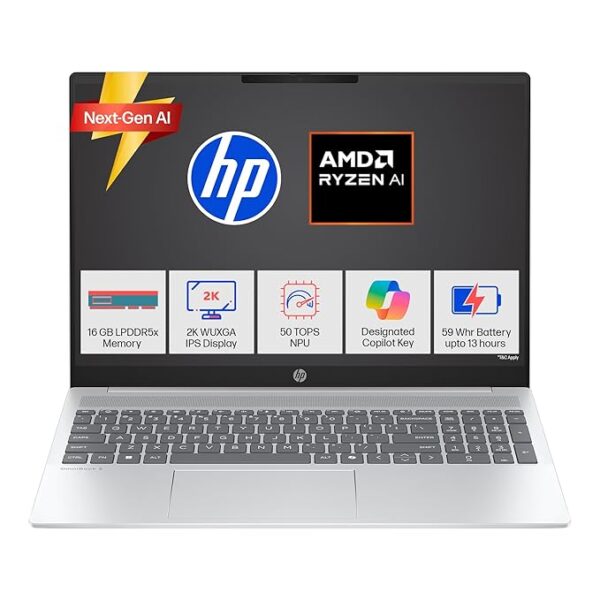 HP OmniBook 5 Next Gen AI Copilot+ Laptop (AMD Ryzen AI 7 350, 16GB RAM, 512GB SSD) 16" 2K Touchscreen, Win11, Office24, Silver, 1.8kg, FHD Camera