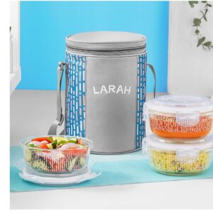 Larah Glassware Vogue Borosilicate Glass Lunchbox Set with Bag | 3 Round Containers (400 ml Each) | Microwave & Dishwasher Safe | Leakproof | Office/School/College Tiffin | Blue
