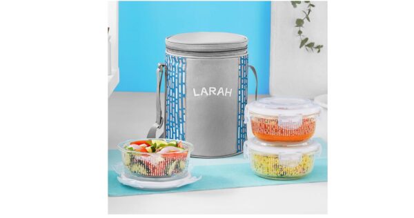 Larah Glassware Vogue Borosilicate Glass Lunchbox Set with Bag | 3 Round Containers (400 ml Each) | Microwave & Dishwasher Safe | Leakproof | Office/School/College Tiffin | Blue