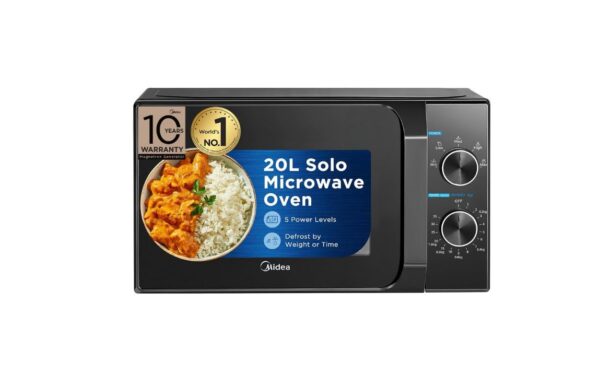Midea 20L Solo Microwave Oven (Black) - 5 Power Levels, Defrost Function, Energy Efficient, 255mm Turntable (MMO20CXAMMPEBK)