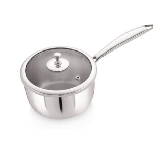 Meera Exclusive Triply Frying Pan Cum Sauce Pan with Tempered Glass Lid (1.5 Litre, 16 cm) - Silver, Induction and Gas Stove Compatible, Stainless Steel