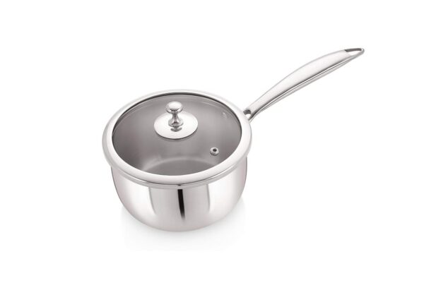 Meera Exclusive Triply Frying Pan Cum Sauce Pan with Tempered Glass Lid (1.5 Litre, 16 cm) - Silver, Induction and Gas Stove Compatible, Stainless Steel