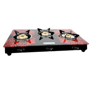 MILTON Premium Red Manual Ignition Glass Top Gas Stove (3 Burner) / ISI Certified / 1-Year Manufacturer's Warranty / 6mm Thick Toughened Glass / Tri Pin Brass Burner / MS Frame / 68%+ Efficiency