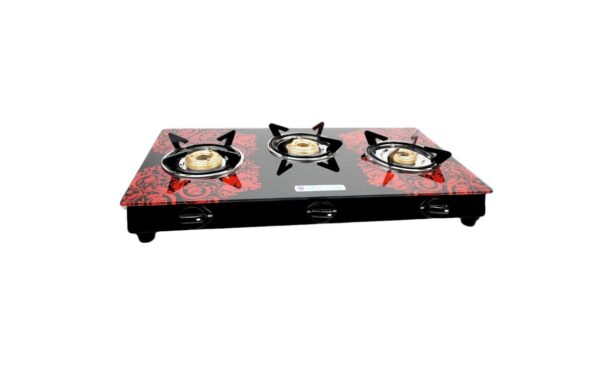 MILTON Premium Red Manual Ignition Glass Top Gas Stove (3 Burner) / ISI Certified / 1-Year Manufacturer's Warranty / 6mm Thick Toughened Glass / Tri Pin Brass Burner / MS Frame / 68%+ Efficiency