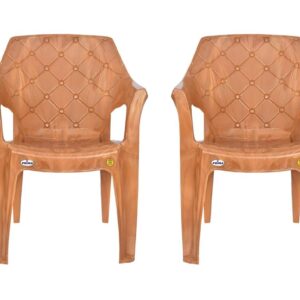 Prima Plastic Chair Set of 2 for Living Room, Home, Outdoor | Stackable Chairs with Arms | 100% Virgin Plastic | Sandalwood Color