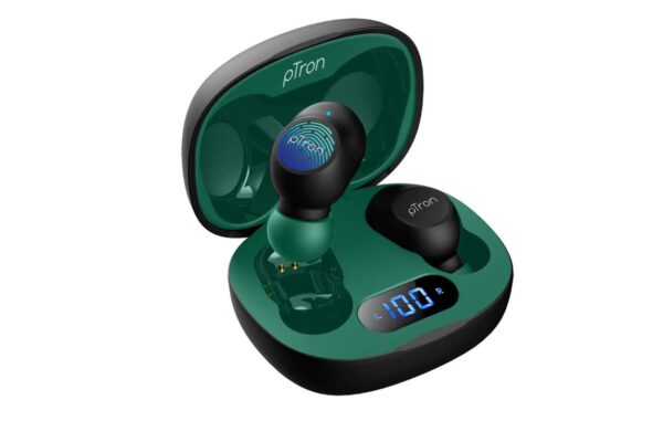 pTron Bassbuds Pro V2 In-Ear TWS Earbuds: HD Mic, Pristine Audio, Mini Bud Design (Black & Green) - Bluetooth 5.1, Quick Pairing, Touch Control, Voice Assistant & IPX4 Water Resistant