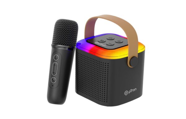 pTron Fusion Tunes 10W Mini Bluetooth Speaker with Karaoke Mic | 8Hrs Playtime | RGB Lights | Voice Effects | Multi-Play Modes (BT5.1/TF Card) | Type-C Charging | Black