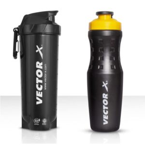 Vector X Energy Shaker & Active Bottle Set (Pack of 2, Black, Plastic) - 750 ml Protein Shake Gym Sipper (BPA Free, Leak Proof, Dishwasher Safe)