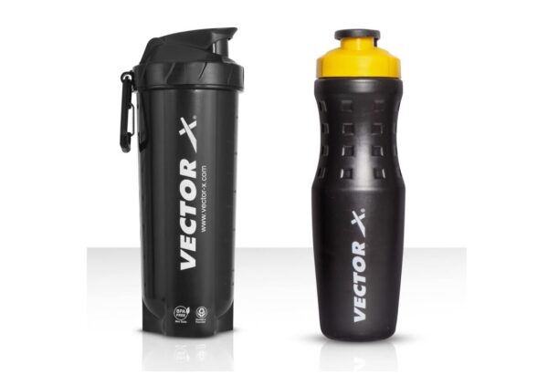 Vector X Energy Shaker & Active Bottle Set (Pack of 2, Black, Plastic) - 750 ml Protein Shake Gym Sipper (BPA Free, Leak Proof, Dishwasher Safe)