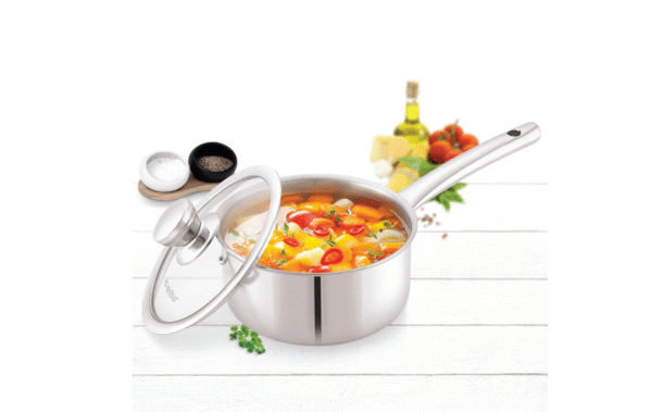 Cello Induction Base Tri-Ply Pro Sauce Pan with Glass Lid, 2.2 Litre, 18 cm